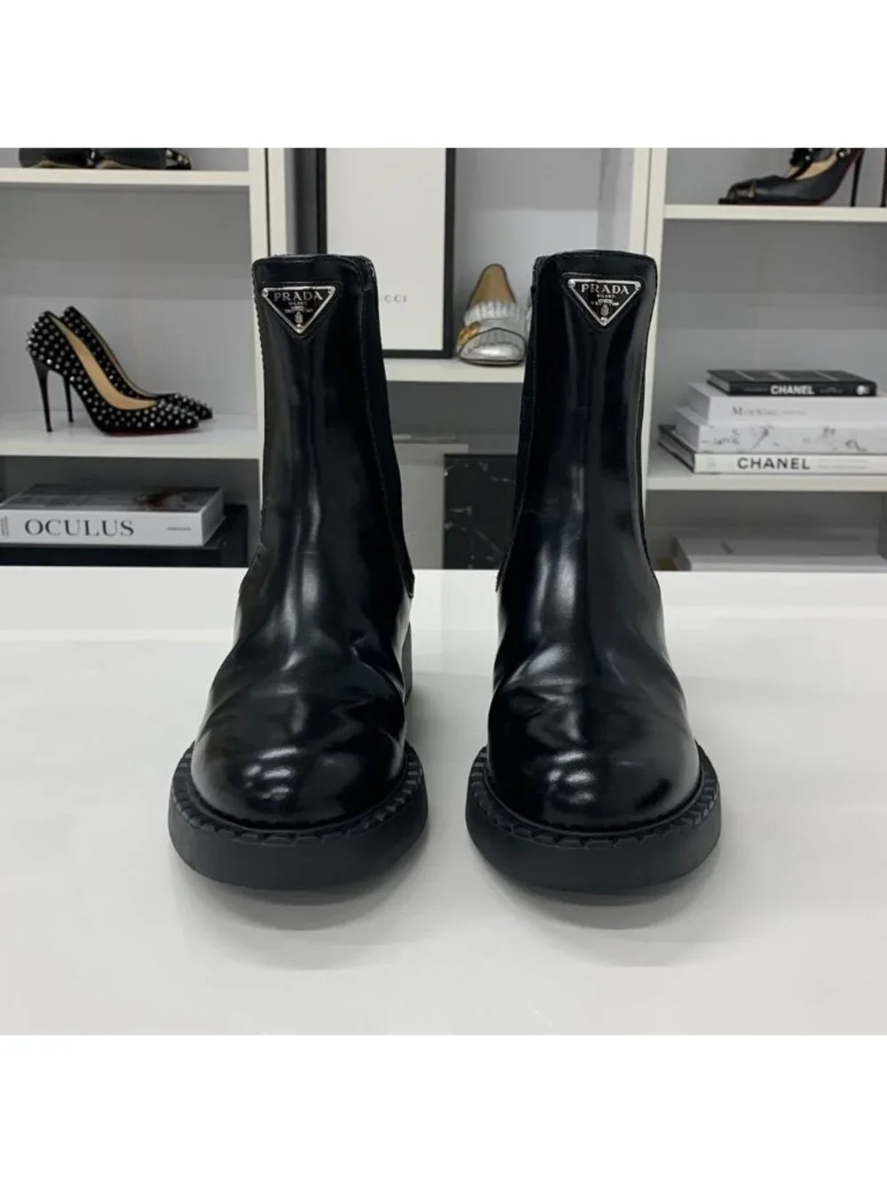 Prada Triangle Logo Leather Side Gore Short Boots Black